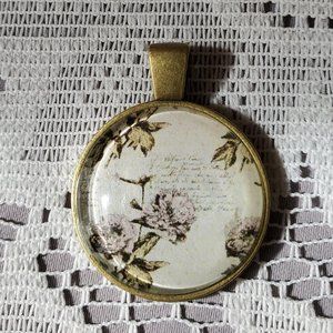 Flowers & Script Glass Cabochon Pendant - Handmade